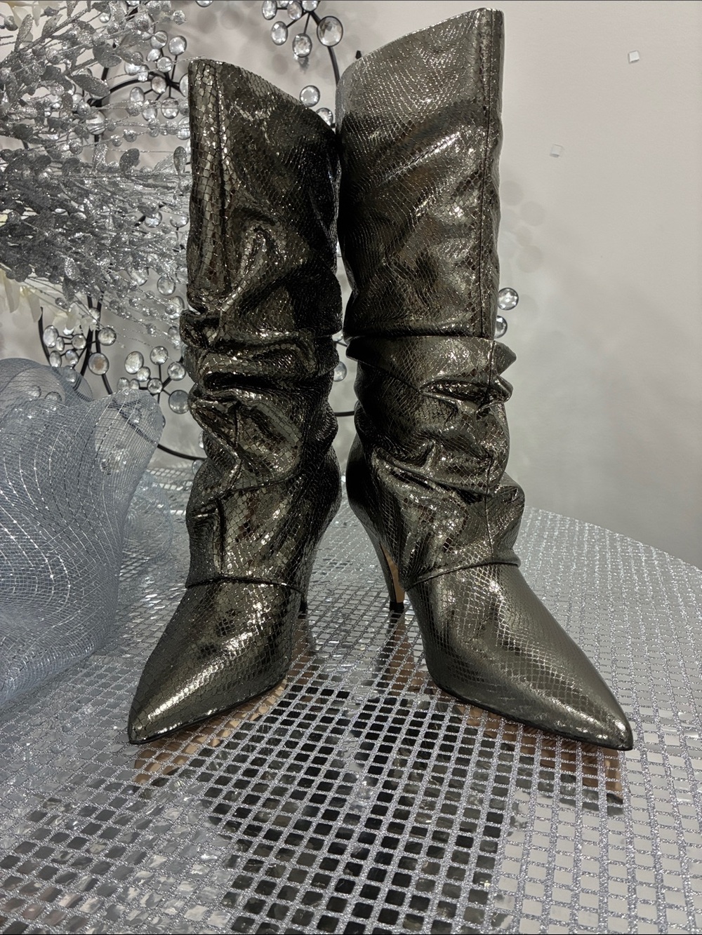 Marc Fisher Metallic Black Snakeskin Pointed-Toe Slouch Boots